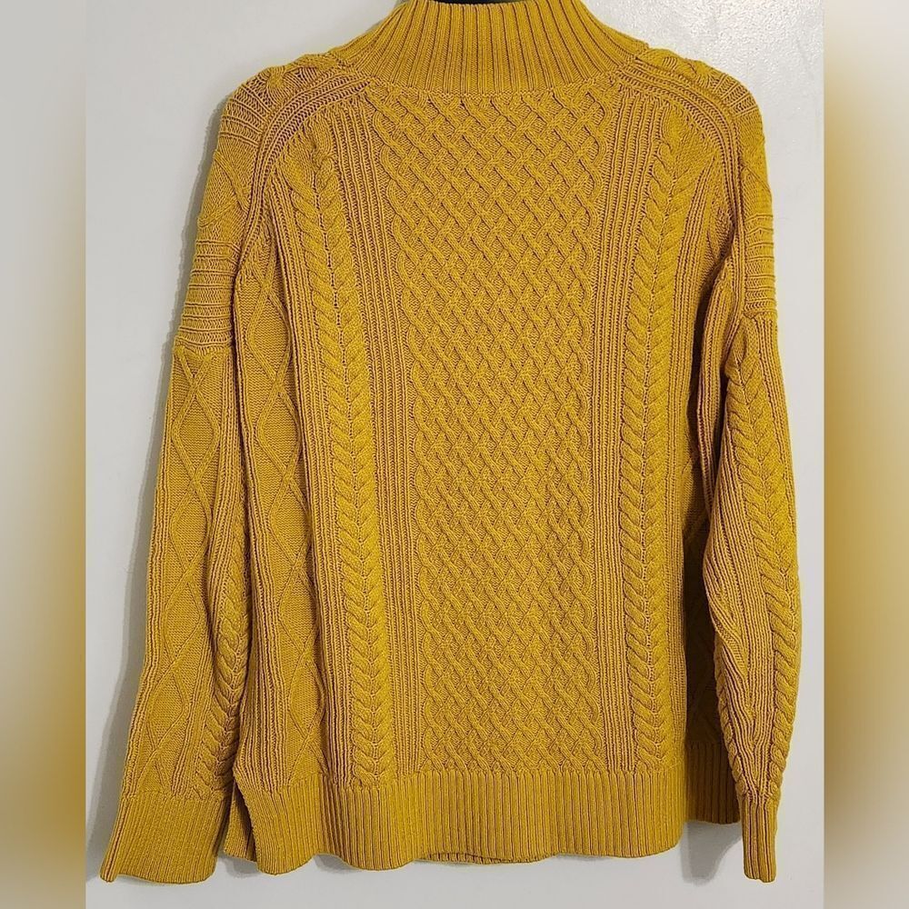 J. Crew Long Cotton Cable-Knit Mockneck Sweater in Mustard BD709 Sz M - Picture 6 of 9